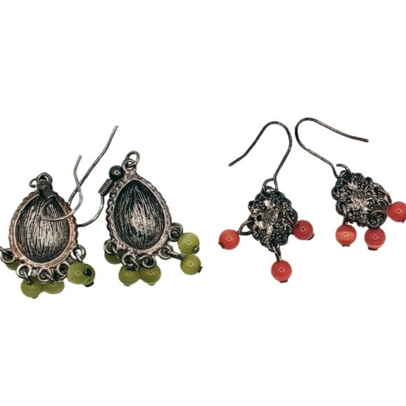 🟠🟢 Ombre Beaded Chandelier Earrings 💚🧡 Retro Spring Dangle 2Pr - Picture 8 of 9